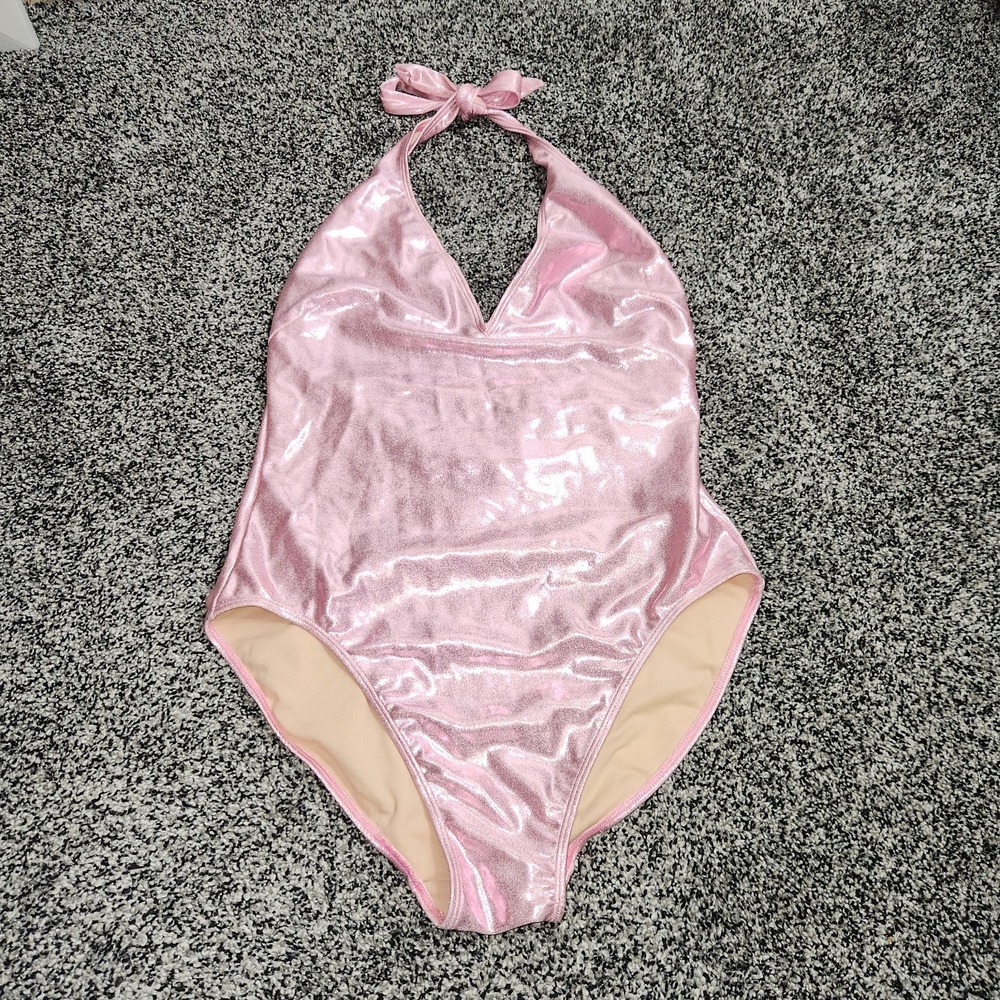 Pink Metallic Glitter Unicorn Barbie Halter V Neck 1 Piece Swimsuit Women Sz 14T